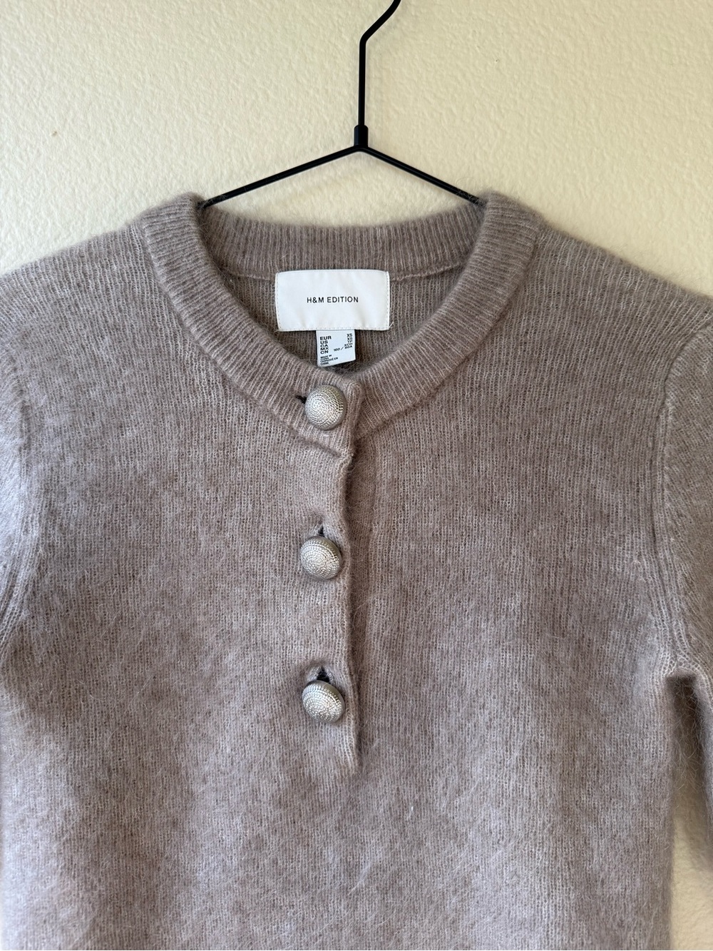 H&M Taupe Crewneck Short-Sleeve Sweater with Pearl Buttons - Picture 2 of 8